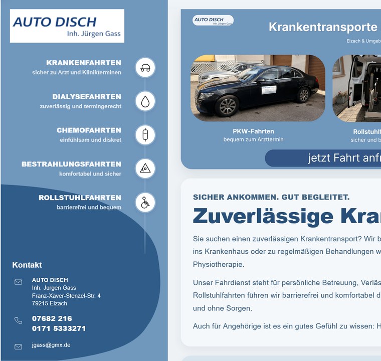 Screenshot der Website-Referenz Auto Disch - Krankenfahrten Elzach und Haslach
